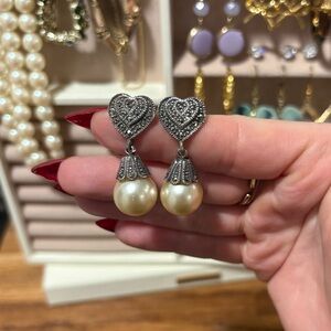 Vintage Sterling Silver Estate Sparkly Pearl Heart Dangle Earrings